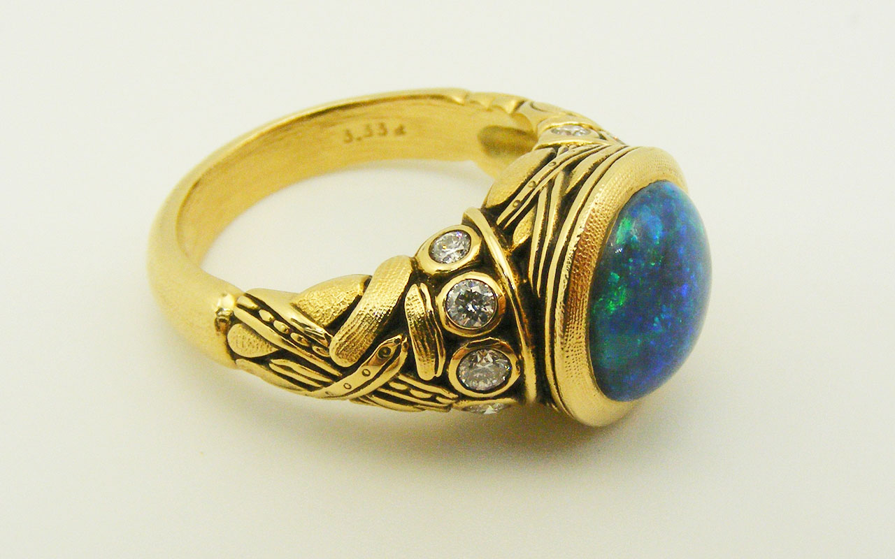 Šepkus R-58MD “Reed” 18K Yellow Gold Ring with Black Opal and Diamonds ...