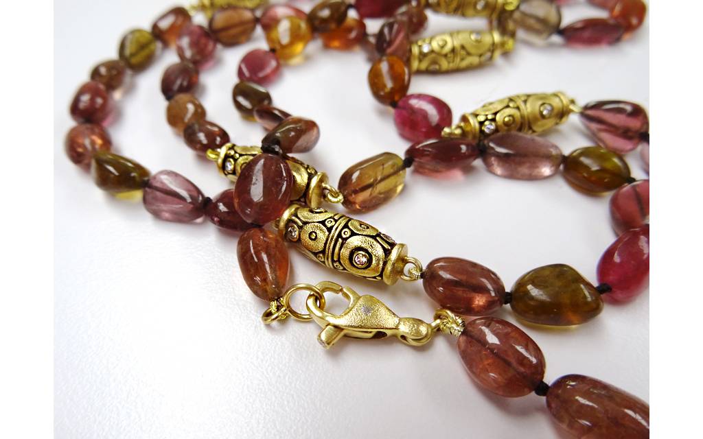 Red tourmaline necklace with Šepkus "Orchard" beads and lobster clasp